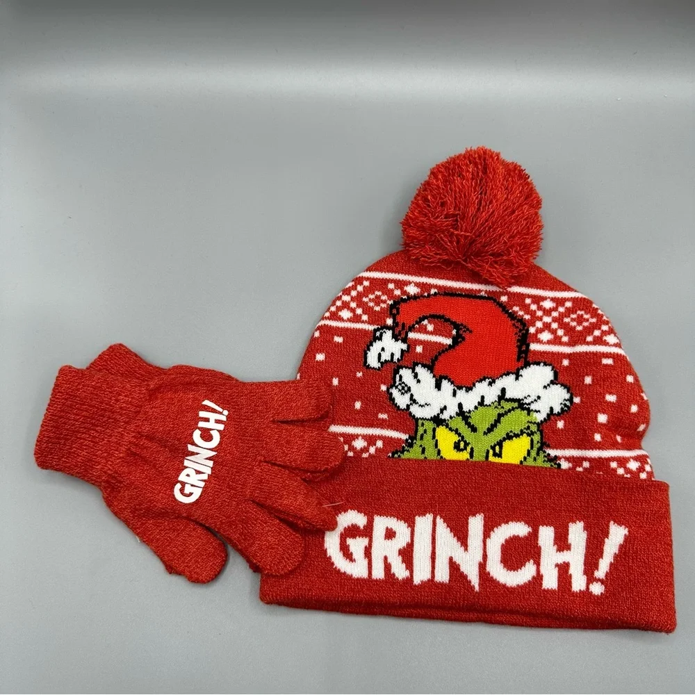 Dr. Seuss The Grinch Youth Kids Knit Pom Beanie Hat & Gloves One Size Red Green